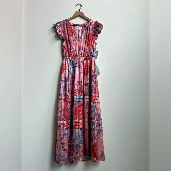 New Adelyn Rae Emmie Pleated Midi Dress in Desert Coral Size XS Metallic Flutter - Picture 4 of 15